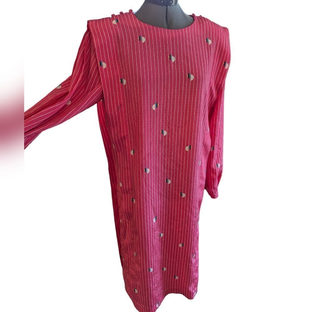 Vintage Pink Striped Shift Dress with Silver Dot Accents